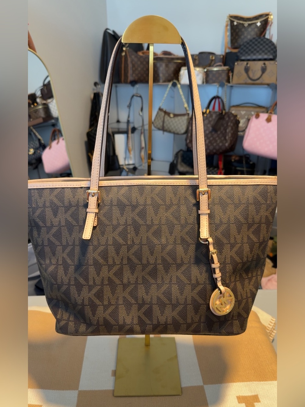 Michael Kors Authentic Brown MK Logo Tote with Light trim.